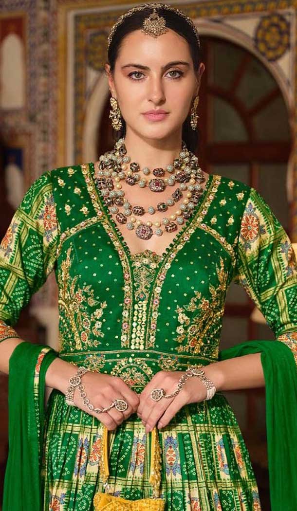 Green Silk Printed Designer Wear Gown With Dupatta - 11738202833