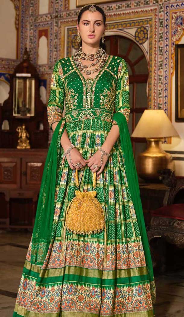 Green Silk Printed Designer Wear Gown With Dupatta - 11738202833