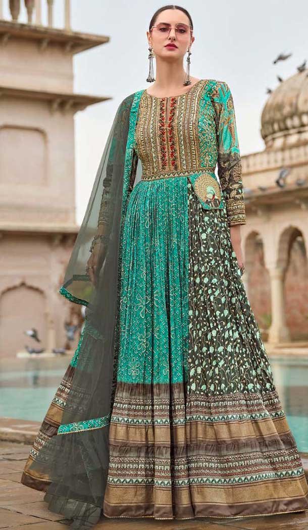 Sea Green Silk Printed Designer Wear Gown With Dupatta - 11738202837