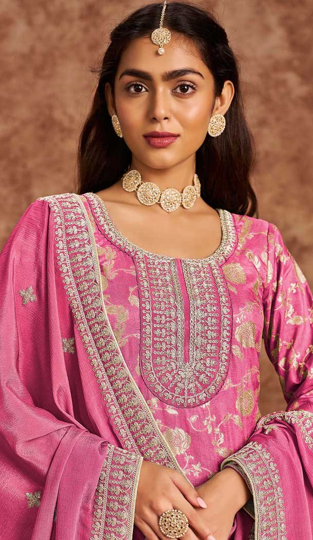 Dola Silk Sequins Work Pakistani Style Salwar Kameez In Pink - 116612202392