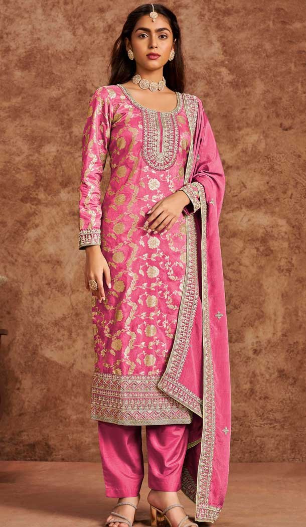 Dola Silk Sequins Work Pakistani Style Salwar Kameez In Pink - 116612202392
