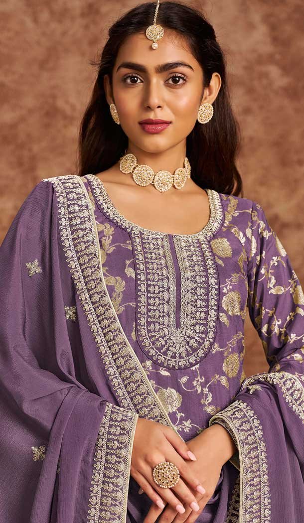 Dola Silk Sequins Work Pakistani Style Salwar Kameez In Purple - 116612202393