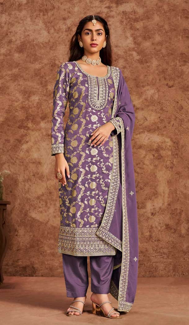 Dola Silk Sequins Work Pakistani Style Salwar Kameez In Purple - 116612202393