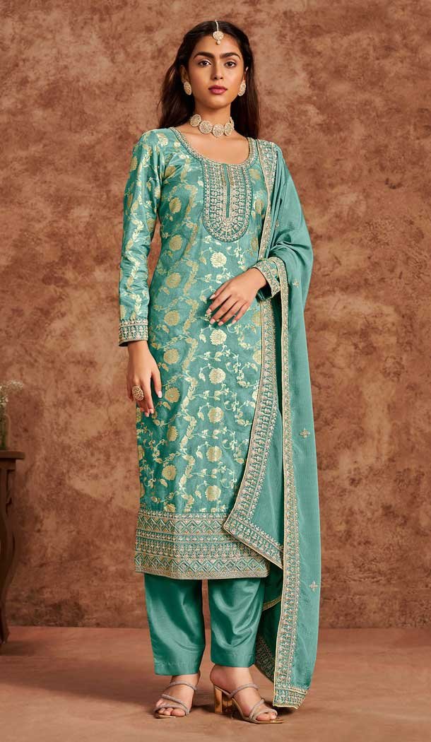 Dola Silk Sequins Work Pakistani Style Salwar Kameez In Mint Green - 116612202394