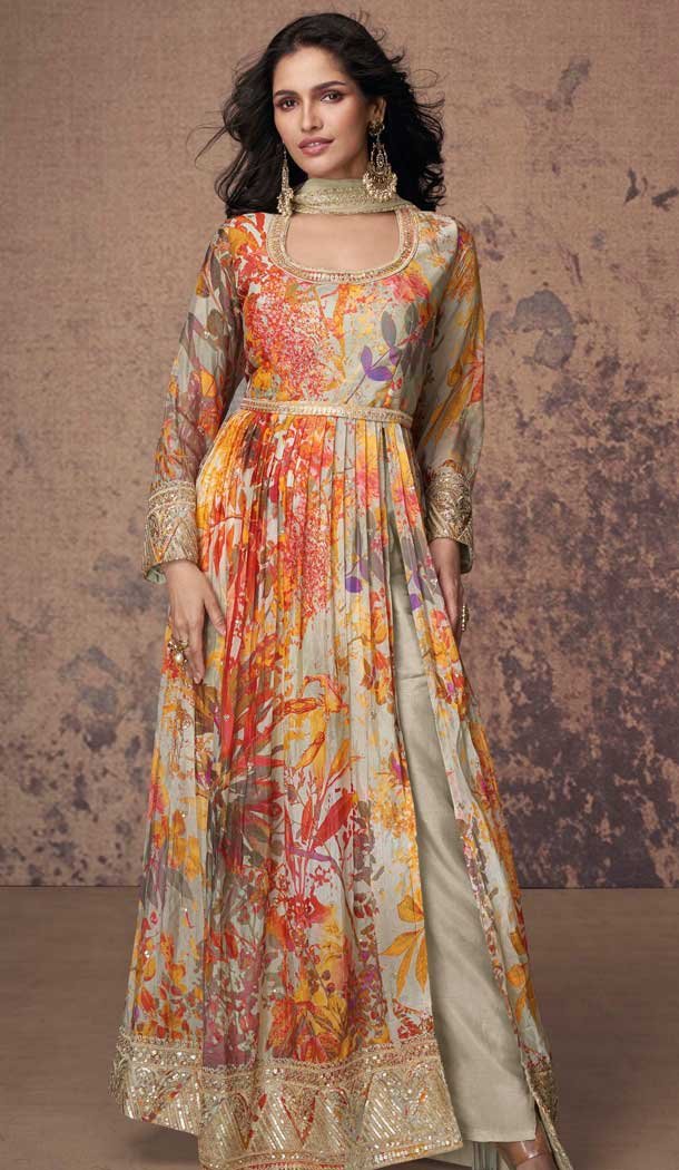 Beige Georgette Floral Print Work Party Wear Anarkali Suit - 11701202613