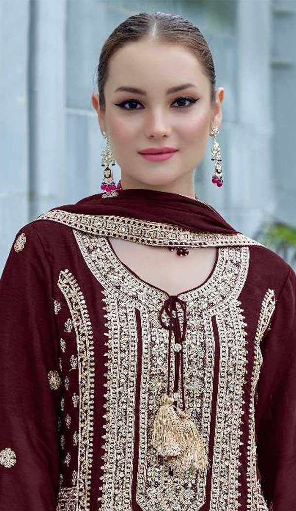 Wine Chinon Embroidery Work Pakistani Style Palazzo Salwar Suit - 11712202671