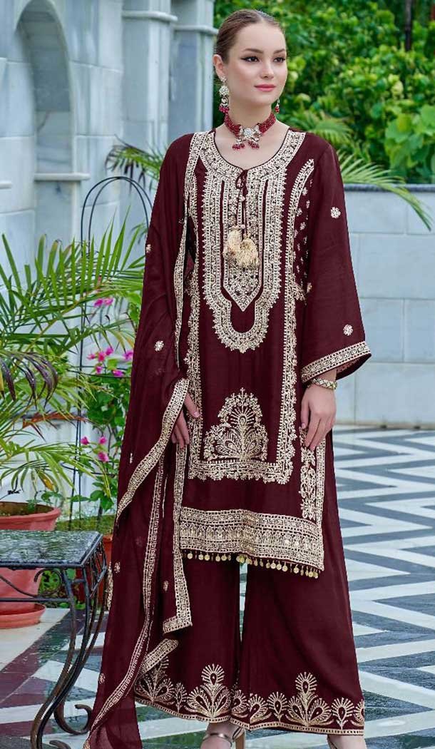 Wine Chinon Embroidery Work Pakistani Style Palazzo Salwar Suit - 11712202671
