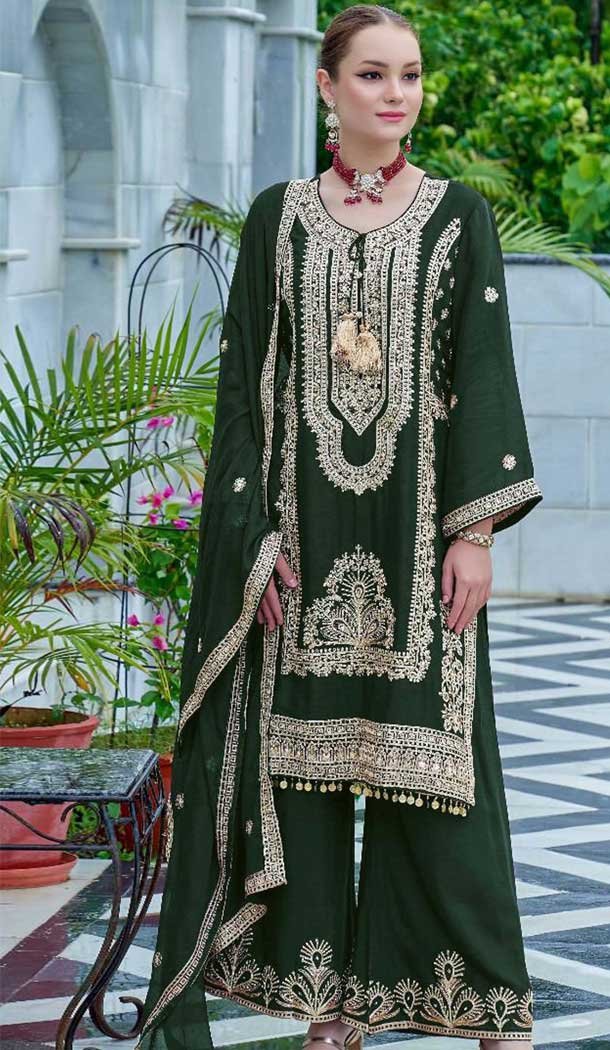 Green Chinon Embroidery Work Pakistani Style Palazzo Salwar Suit - 11712202672