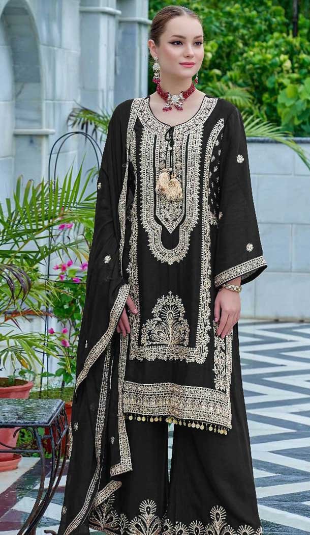 Black Chinon Embroidery Work Pakistani Style Palazzo Salwar Suit - 11712202674
