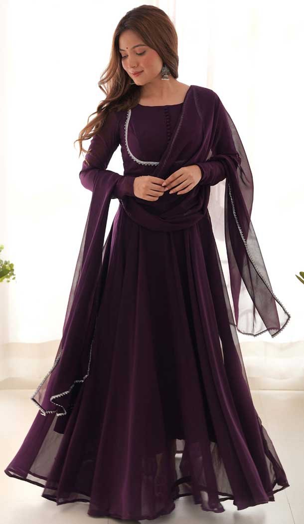 Wine Georgette Plain Pakistani Anarkali Suit - 11718202701