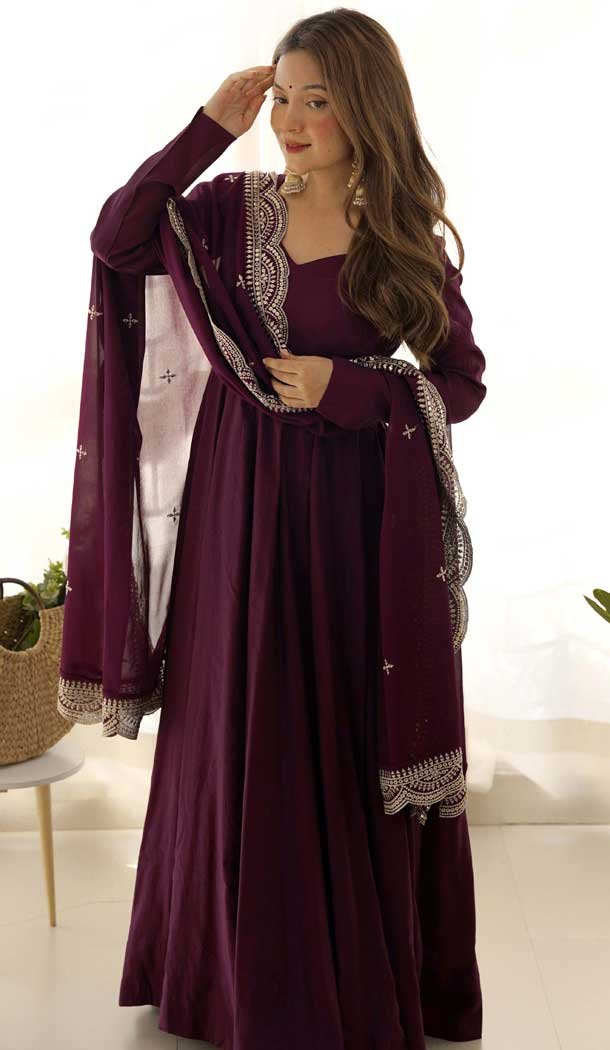 Wine Roman Silk Chanderi Plain Pakistani Anarkali Suit - 11718202702