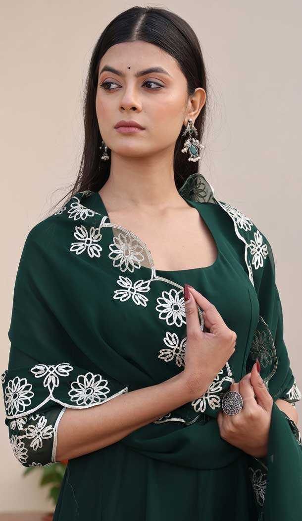 Green Georgette Embroidery Work Party Wear Anarkali Suit - 11729202783