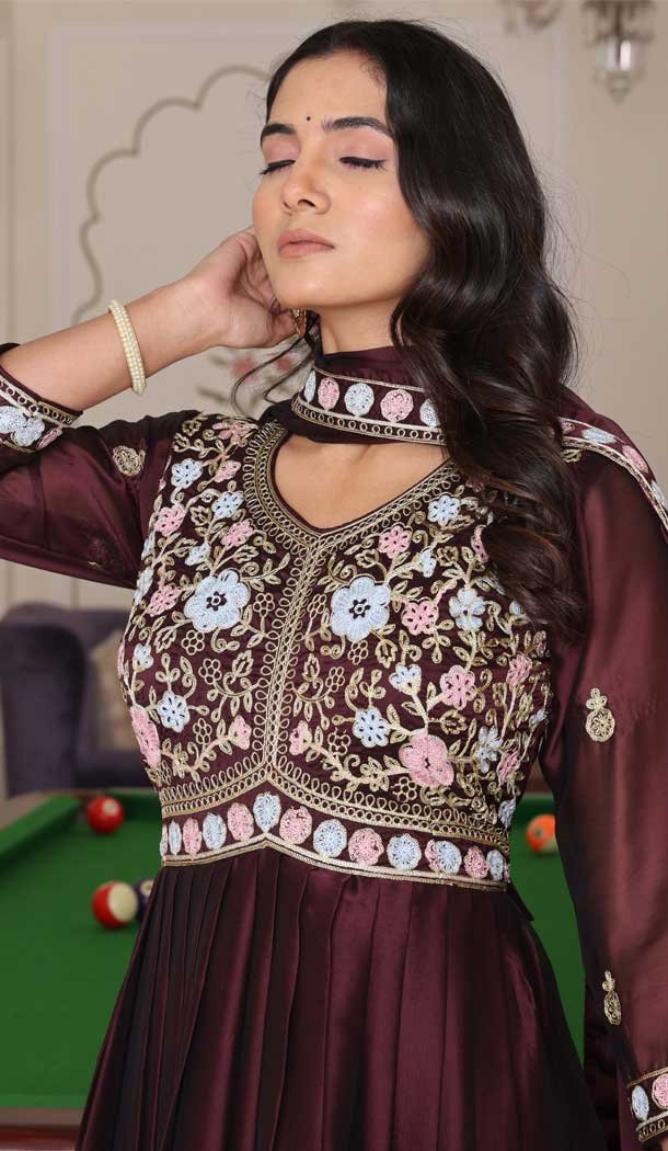 Wine Rangoli Silk Embroidery Work Party Wear Anarkali Suit - 11729202785