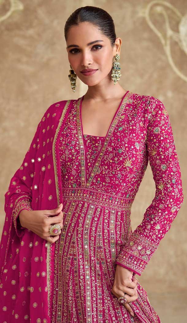 Rani Pink Georgette Embroidered Party Wear Gown With Dupatta - 11769203025