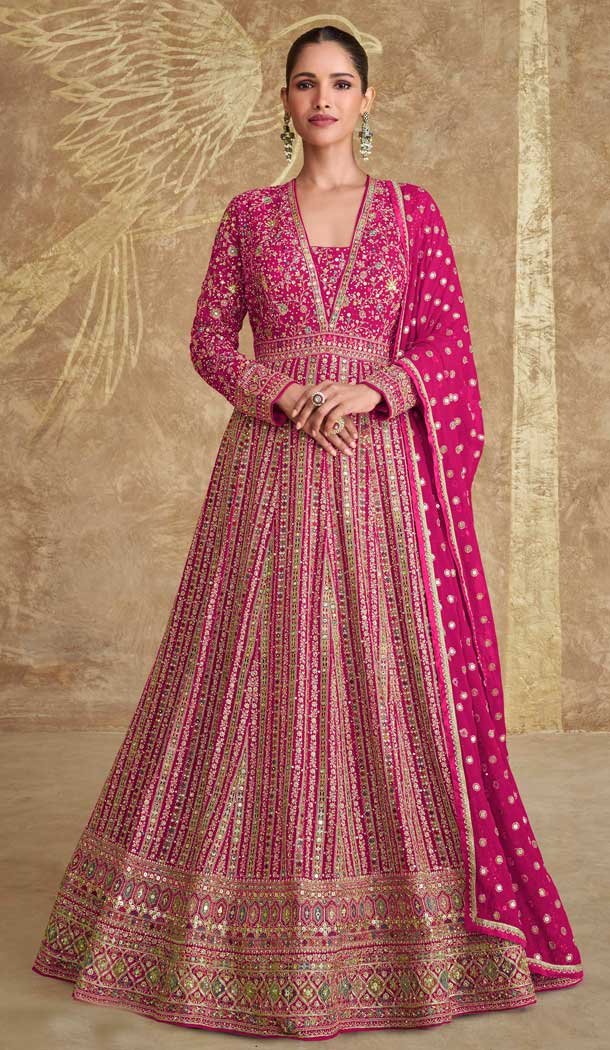 Rani Pink Georgette Embroidered Party Wear Gown With Dupatta - 11769203025