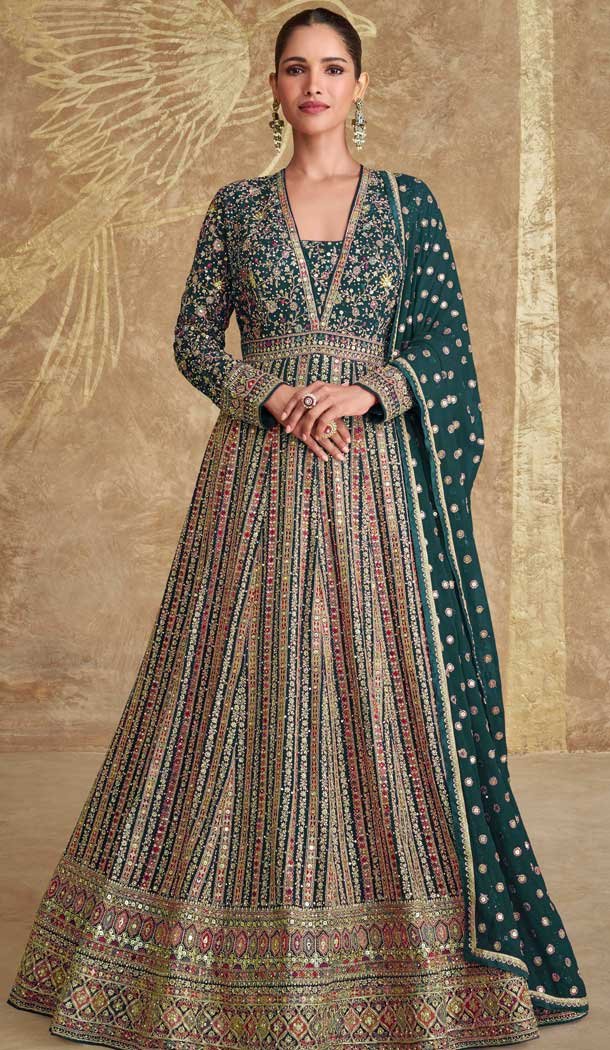 Green Georgette Embroidered Party Wear Gown With Dupatta - 11769203026