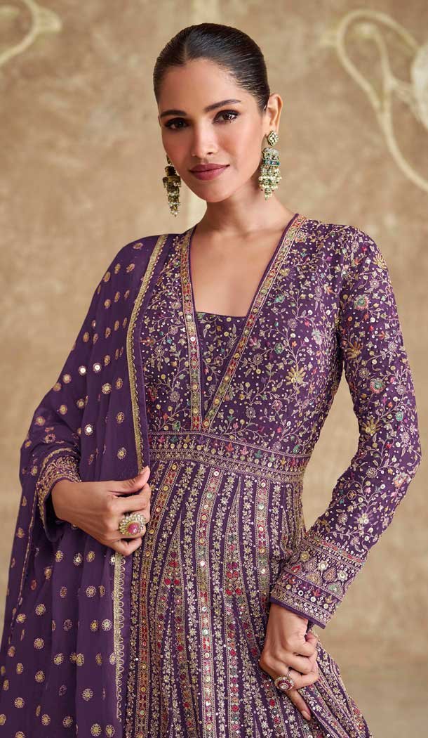 Purple Georgette Embroidered Party Wear Gown With Dupatta - 11769203027