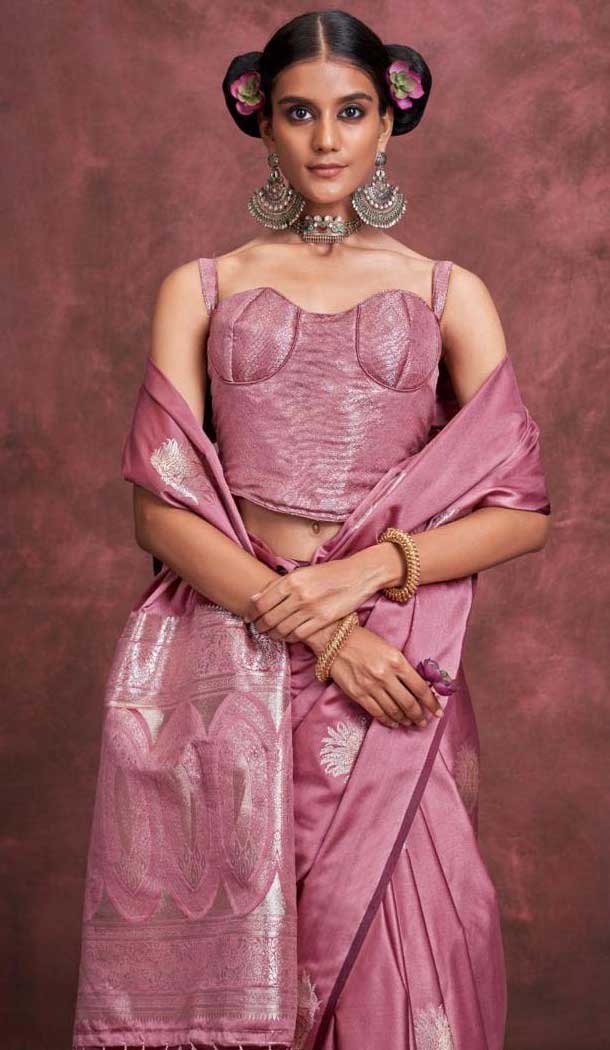 Pure Satin Weaving Work Party Wear Saree In Pink - 11782203167