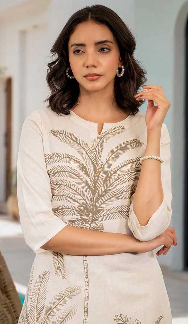 Cotton Floral Print Party Wear Readymade Kurta With Bottom In Cream - 11767203022