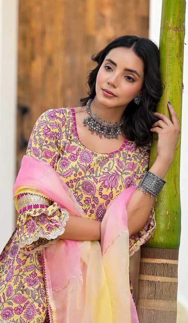 Yellow Cotton Print Work Designer Wear Sharara Suit - 11768203023