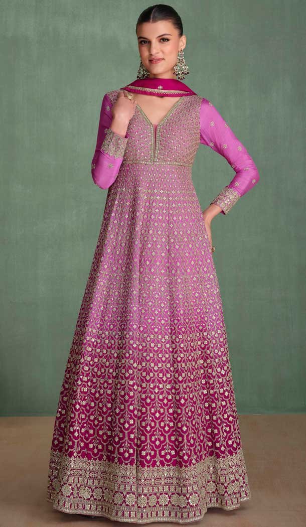 Pink Georgette Sequins Work Party Wear Designer Gown With Dupatta - 11770203028