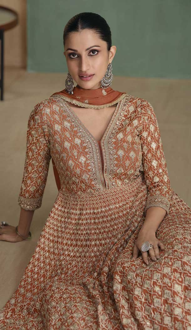 Chiku Georgette Sequins Work Party Wear Designer Gown With Dupatta - 11770203029