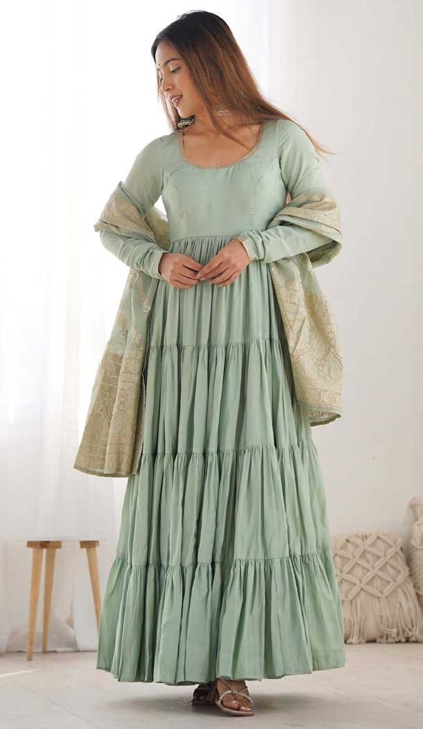 Silk Chanderi Plain Readymade Anarkali Suit In Pista Green - 11771203031