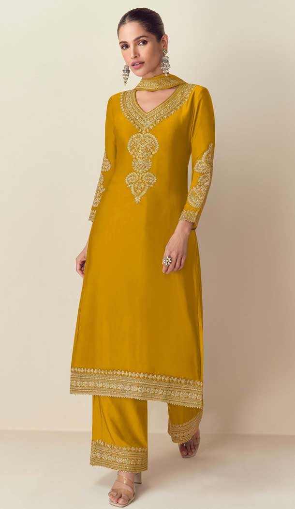 Chinon Embroidery Work Party Wear Palazzo Salwar Suit In Mustard - 11810203375