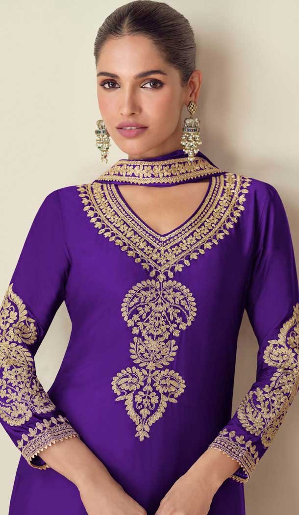 Chinon Embroidery Work Party Wear Palazzo Salwar Suit In Purple - 11810203376
