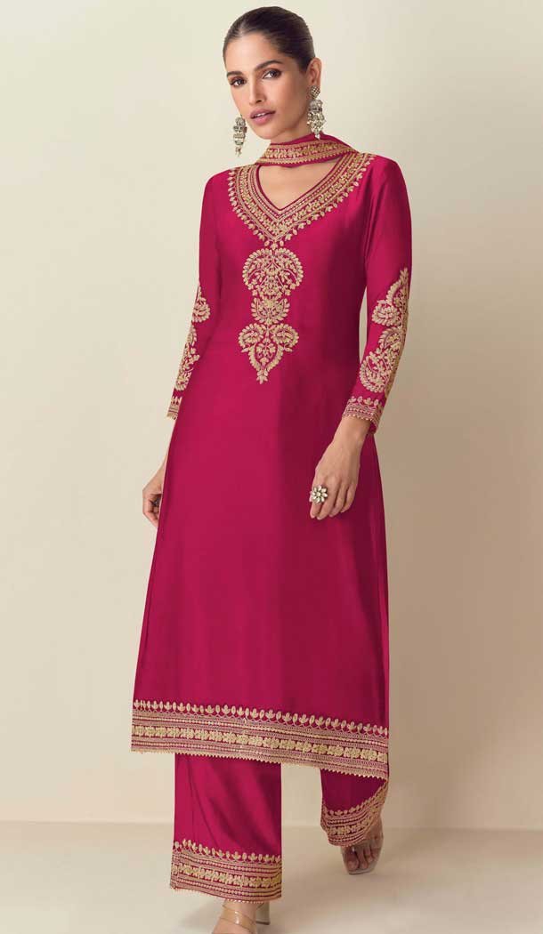 Chinon Embroidery Work Party Wear Palazzo Salwar Suit In Rani Pink - 11810203377 Chinon Embroidery Work Party Wear Palazzo Salwar Suit In Rani Pink - 11810203377