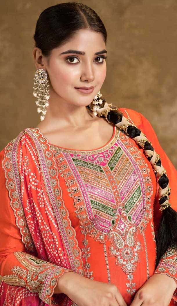 Orange Fiber Chinon Embroidered Designer Wear Salwar Suit - 11835203507 Orange Fiber Chinon Embroidered Designer Wear Salwar Suit - 11835203507