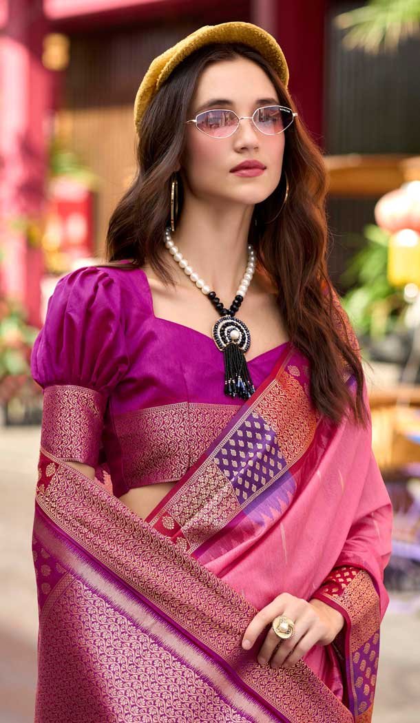 Pink Banarasi Silk Weaving Work Party Wear Saree - 11856203607