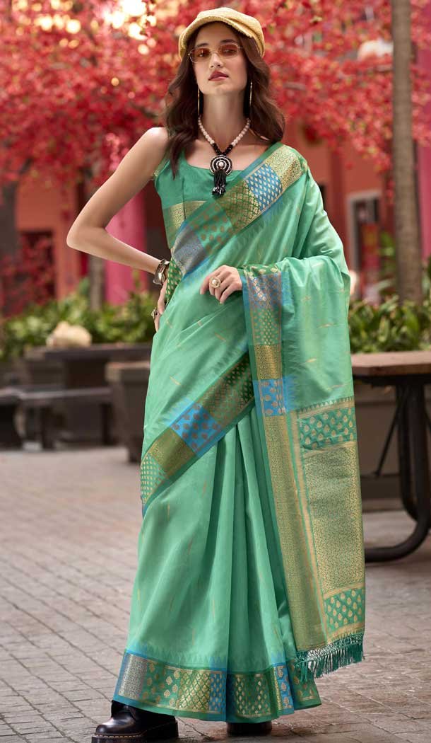 Mint Green Banarasi Silk Weaving Work Party Wear Saree - 11856203609