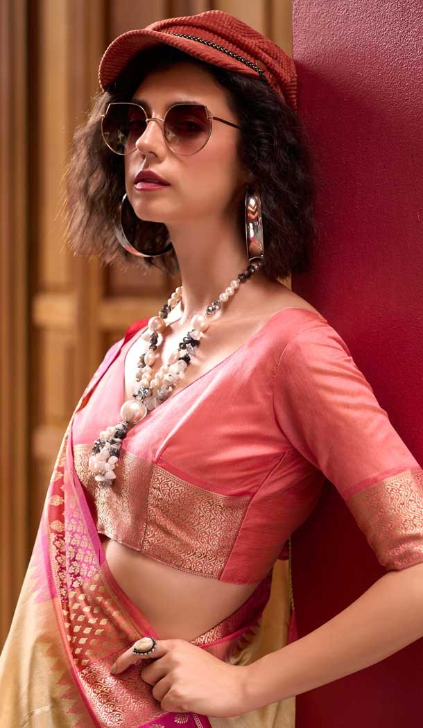 Cream Banarasi Silk Weaving Work Party Wear Saree - 11856203610