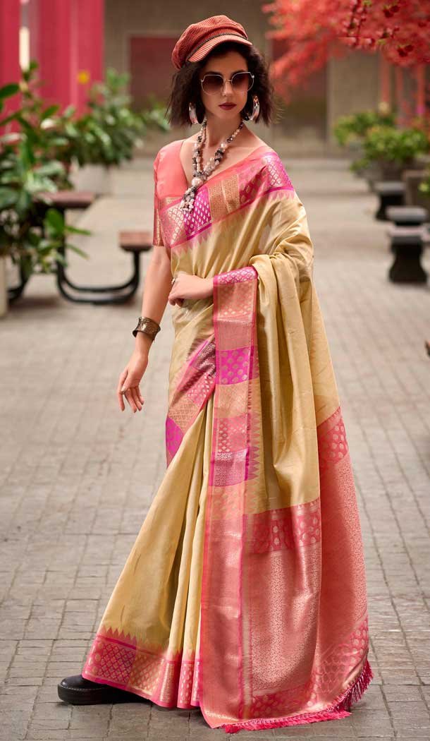 Cream Banarasi Silk Weaving Work Party Wear Saree - 11856203610