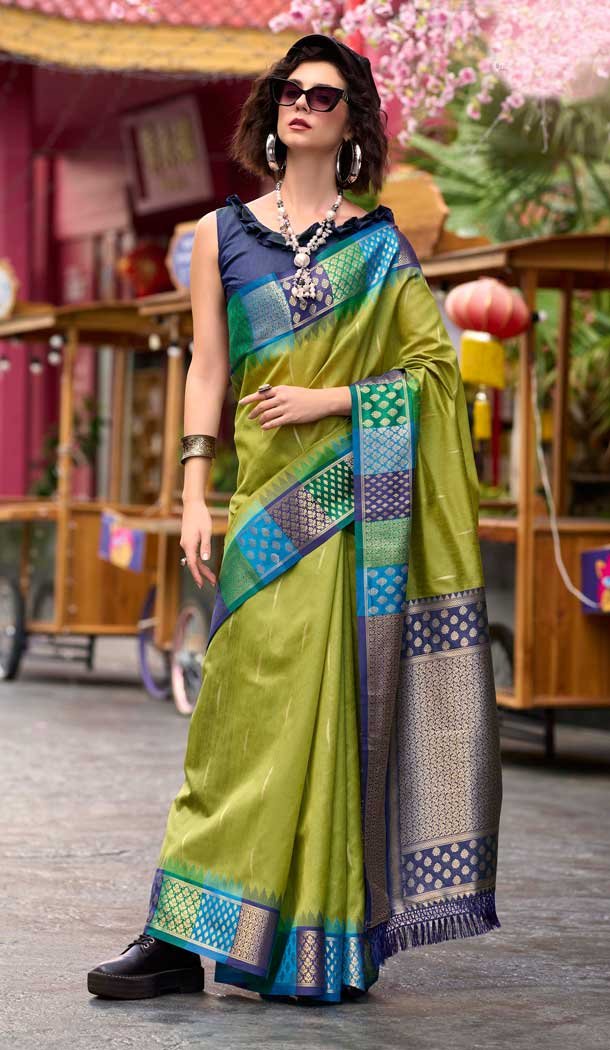 Green Banarasi Silk Weaving Work Party Wear Saree - 11856203611