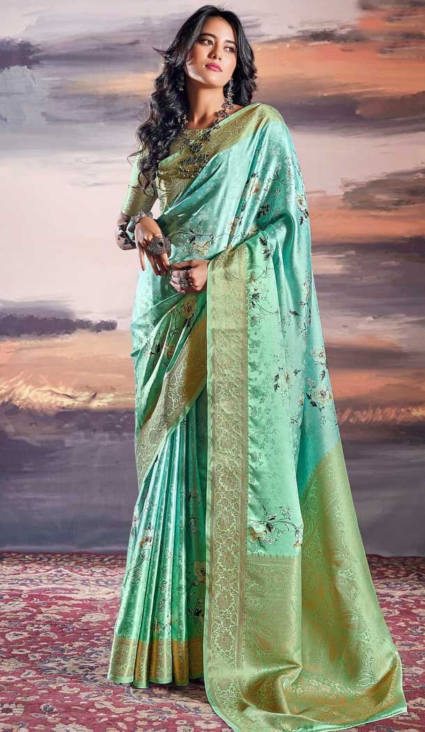 Satin Weaving Work Party Wear Saree In Sky Blue - 11863203654