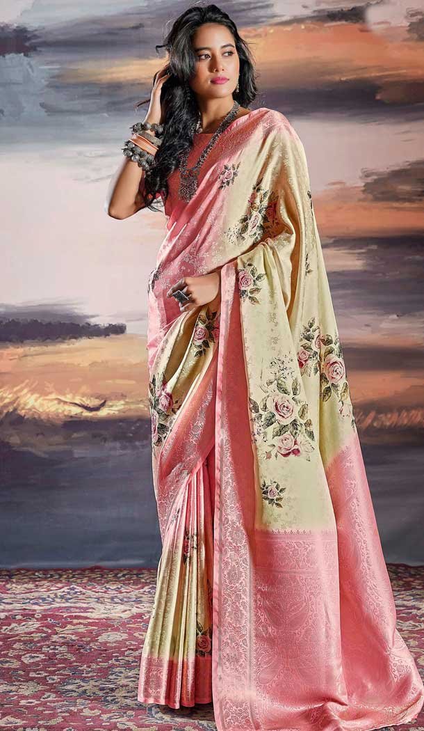 Satin Weaving Work Party Wear Saree In Beige - 11863203655