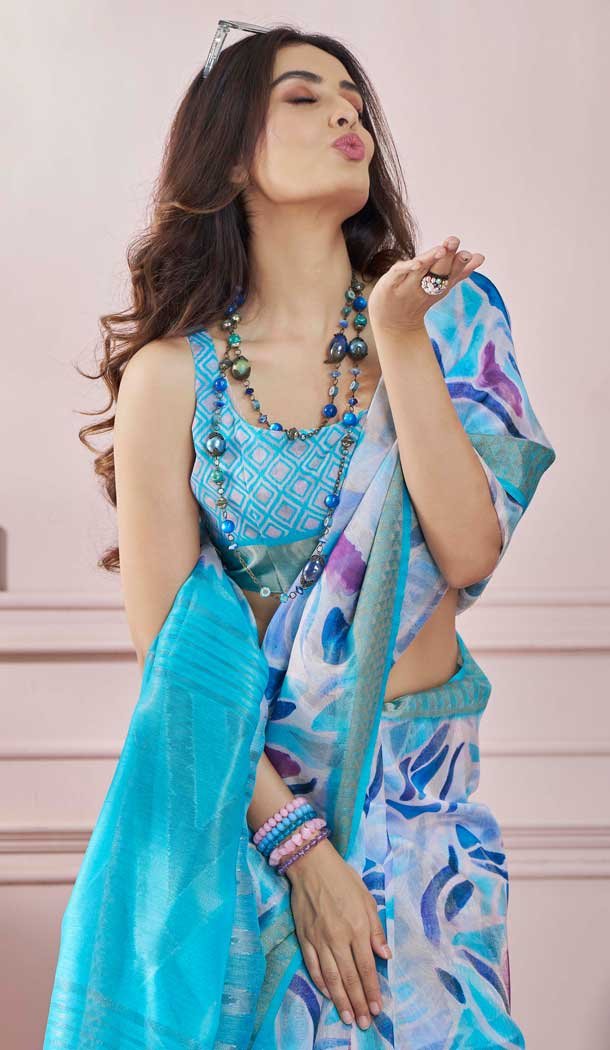 Sky Blue Modal Silk Printed Party Wear Designer Saree - 11865203667