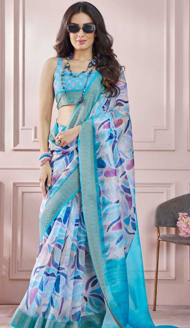 Sky Blue Modal Silk Printed Party Wear Designer Saree - 11865203667