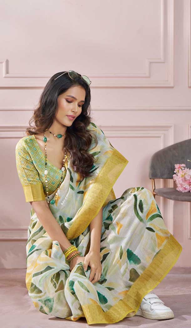 Yellow Modal Silk Printed Party Wear Designer Saree - 11865203668