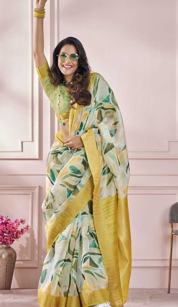 Yellow Modal Silk Printed Party Wear Designer Saree - 11865203668