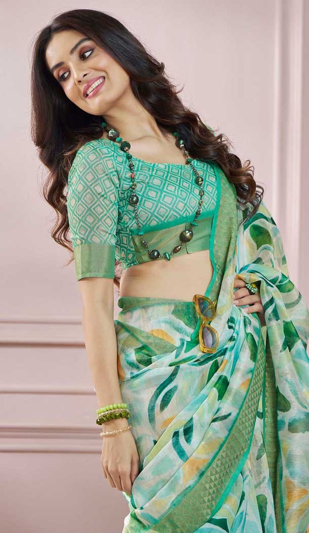 Green Modal Silk Printed Party Wear Designer Saree - 11865203669
