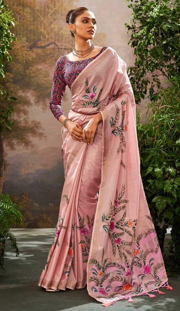 Linen Tissue Printed Party Wear Designer Saree In Pink - 11868203685