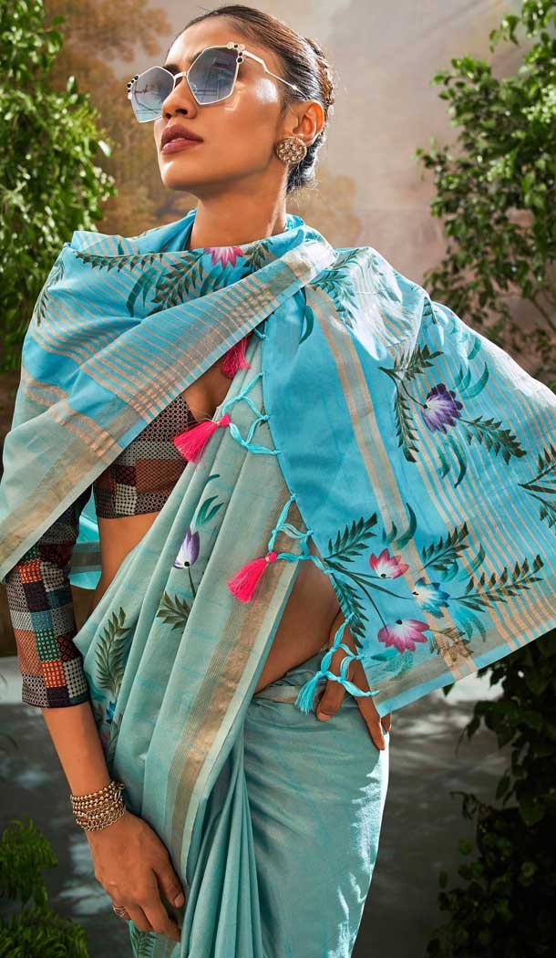 Linen Tissue Printed Party Wear Designer Saree In Firozi Blue - 11868203687