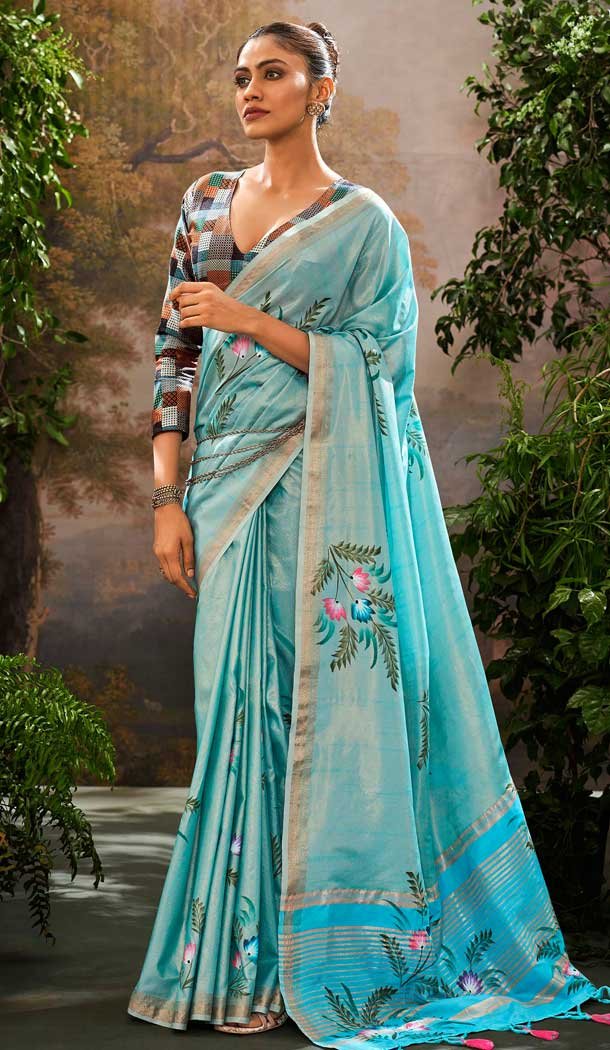 Linen Tissue Printed Party Wear Designer Saree In Firozi Blue - 11868203687
