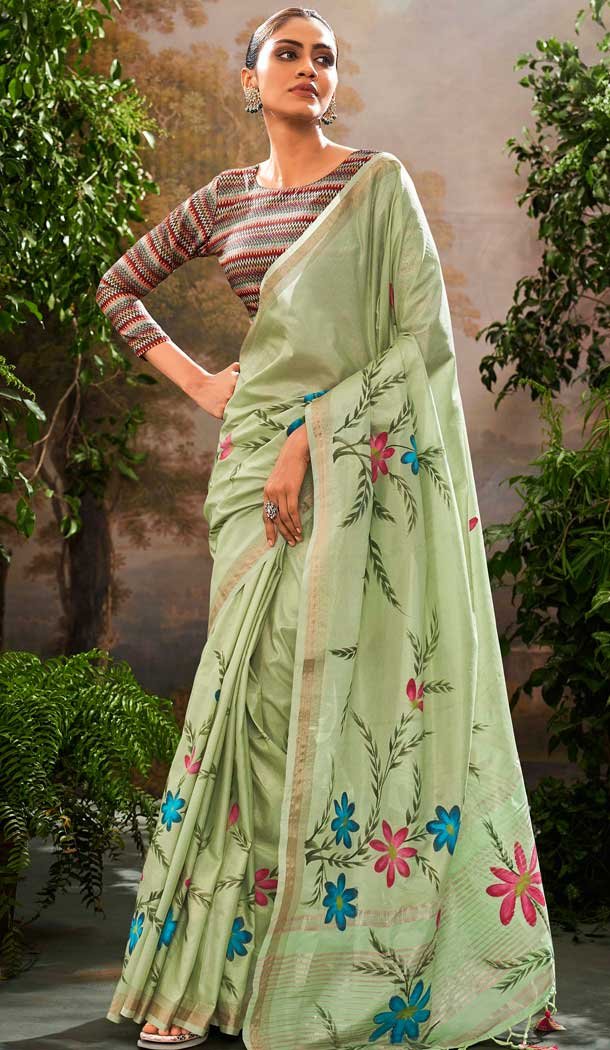 Linen Tissue Printed Party Wear Designer Saree In Pista Green - 11868203688