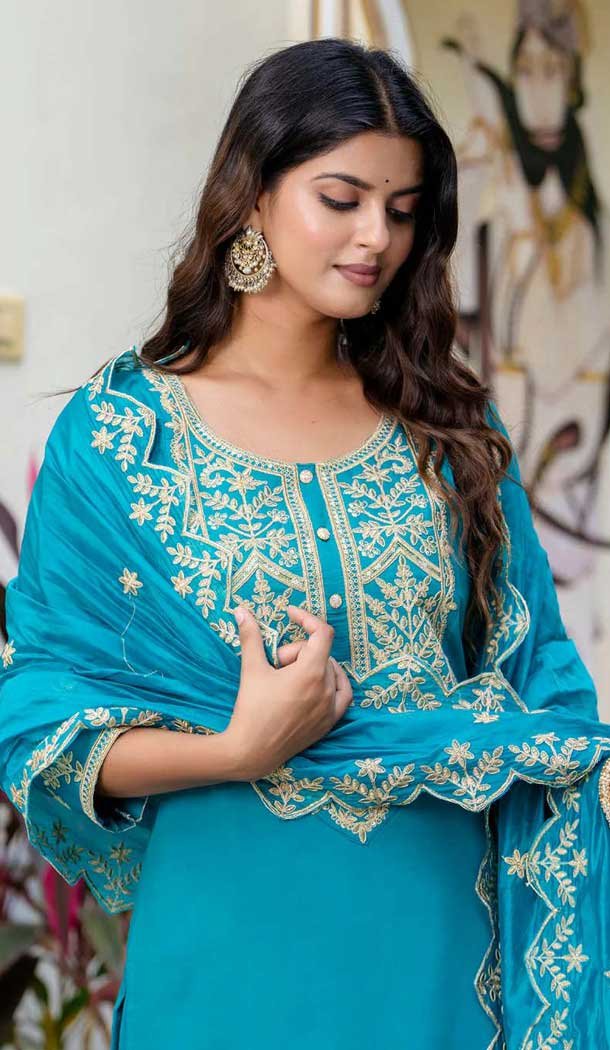 Silk Blend Embroidered Pakistani Salwar Kameez In Blue - 11880203748 Silk Blend Embroidered Pakistani Salwar Kameez In Blue - 11880203748