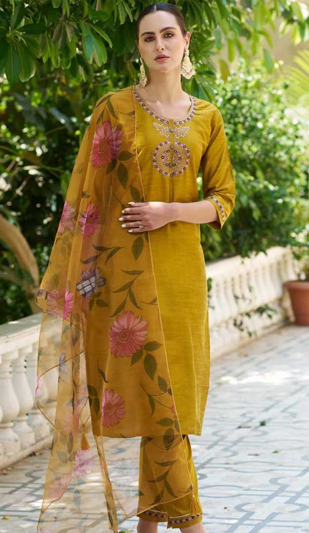 Mustard Cotton Silk Embroidered Party Wear Salwar Suit - 11881203754