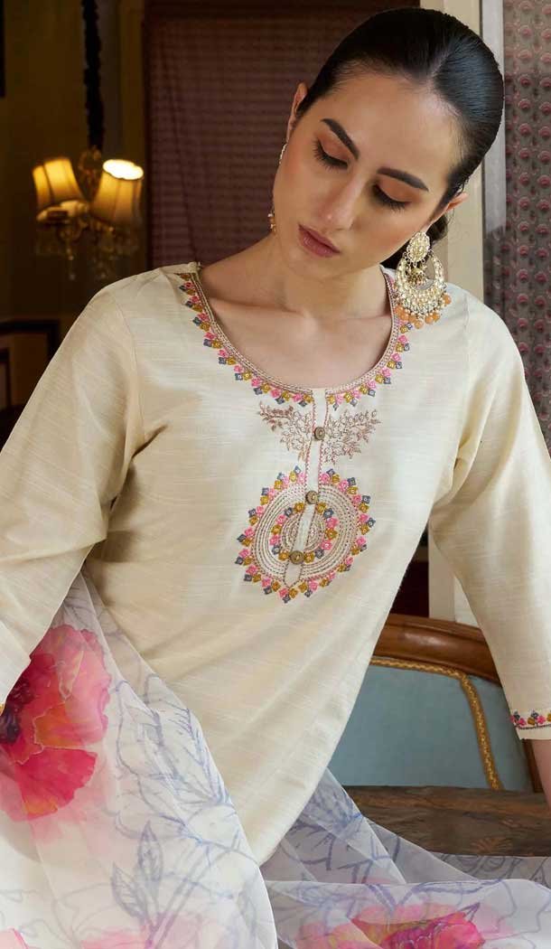 Off White Cotton Silk Embroidered Party Wear Salwar Suit - 11881203755 Off White Cotton Silk Embroidered Party Wear Salwar Suit - 11881203755